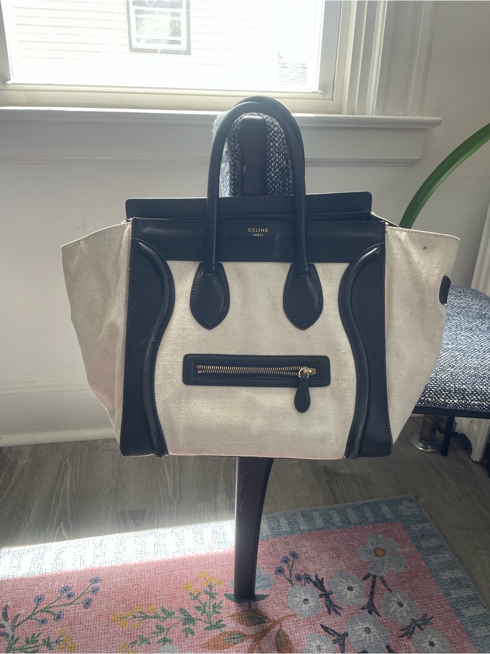 Celine Cream Canvas Tote with Black Leather